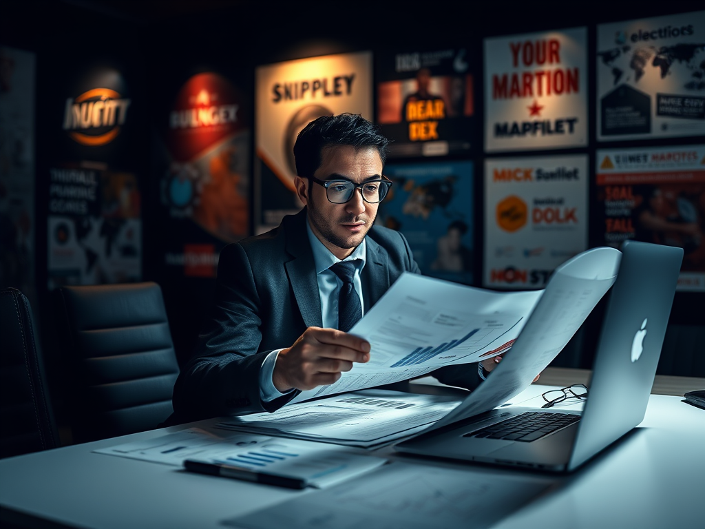 Marketing strategist analyzing data reports in a modern office, surrounded by advertising posters and a laptop.